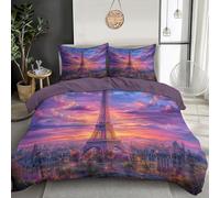 Set Copripiumino in Microfibra, Romantico Città Paesaggio 3 Pezzi di Chiusura con Cerniera Ultra Morbida, Torre Eiffel Tramonto, Super King, 1 x Copripiumino 260x240cm e 2 x Federa 50x75cm, Viola