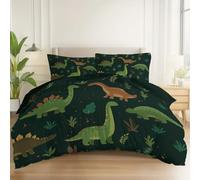 Set Copripiumino In Microfibra Transpirable Reversibile 135 x 200 cm Biancheria Da Letto Fumetto Animali Dinosauri Erba Tema 3 Pezzi, Copripiumone Con Cerniera E 2 Federe 50x75 cm, Verde Foresta
