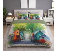 Set copripiumino in Morbida Copripiuminos Multicolore,Matrimoniale Couripiumino 200 x 200 + Federa 2 x 50 x 70, Onirico Scena Di Strada Acquerello Fiaba,Facile da pulire, Easy Cura Copripiumino