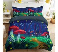 Set copripiumino king size Dreamy Forest con funghi e lucciole, in morbida microfibra, set di biancheria da letto con federa, cerniera reversibile, per adulti, motivo cartoni animati blu
