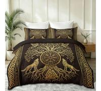 Set copripiumino king size, in morbida microfibra spazzolata, con chiusura a cerniera e lacci angolari, reversibile, con stampa di albero della vita, lupo, corvo, rune, 230 x 220 cm, oro