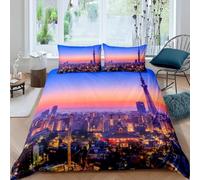 Set Copripiumino Matrimoniale 180x220 Architettura di Tokyo Microfibra Morbido Traspirante 3D Copripiumino Scena Notturna in Città Biancheria da Letto con 2 Federe 50x80cm d-2229