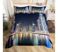 Set Copripiumino Matrimoniale 180x220 Architettura Urbana Biancheria da Letto 3 Pezzi Vista Notturna 3D Stampa Microfibra Copripiumino con Cerniera e 2 Federa, 50x80cm b.843