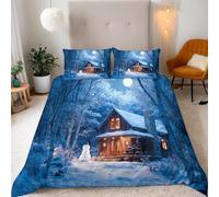 Set Copripiumino Matrimoniale 180x220 Capanna Nella Foresta Microfibra Morbido Traspirante 3D Copripiumino Scena di Neve Biancheria da Letto con 2 Federe 50x80cm j-105
