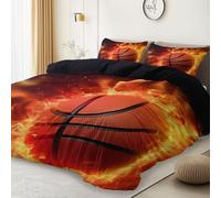 Set Copripiumino Matrimoniale 200 x 200 cm con 2 federa per cuscino, Nero reversibile chiusura a cerniera Microfibra - Sport Basket Fiamme Tema Copripiumone Morbido Per tutte le stagioni