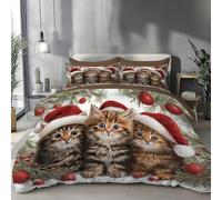 Set Copripiumino Matrimoniale 200 X 200 Cm, Gattino Con Cappello Da Babbo Natale Biancheria Letto 3 Pezzi In Microfibra Con Animali Carini, Comprendente 1 Copripiumino + 2 Federe 50X80 Cm,
