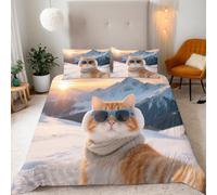 Set Copripiumino Matrimoniale 200x200 cm Gatto Carino Montagna Innevata 3D Set di Biancheria da Letto Con Microfibra Comfort Morbida 3-Pezzi 2 Federe 50x75 con Cerniera e Fascette Angolari