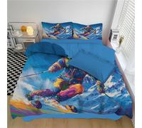 Set Copripiumino Matrimoniale 220x240cm, Copripiumino Sciatori Alpini 3 Pezzi Copri Piumino Stile Graffiti Biancheria da letto Reversibile con Federa Non Stirabiledi per 4 Stagioni, Blu Scuro