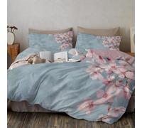 Set Copripiumino Matrimoniale 230x220cm, Copripiumino Morbida 3 Pezzi in Microfibra con Stile fresco e naturale Rami di ciliegio in fiore rosa, Traspirante, Morbida con 2 Federe 50 x 75 cm, Grigio-blu