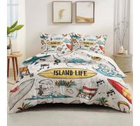 Set Copripiumino Matrimoniale 240 x 260 cm 2 Federe 50 x 75 cm Incluse, Bianco Parure Copripiumino Morbida - Tavola Surf Sportiva Con Squalo Cartoni Animati Tema Motivo set di Biancheria Da Letto
