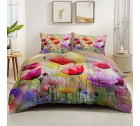 Set Copripiumino Matrimoniale 240 x 260 cm 2 Federe 50 x 75 cm Incluse, Nudo Parure Copripiumino Morbida Microfibra - Papavero Con Fiori Astratti Da Sogno Tema Motivo set di Biancheria Da Letto