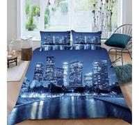 Set Copripiumino Matrimoniale 240x220 Architettura Urbana Biancheria da Letto 3 Pezzi Motivi Blu 3D Stampa Microfibra Copripiumino con Cerniera e 2 Federa, 50x80cm b.1019