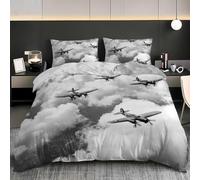 Set Copripiumino Matrimoniale 240x220 cm Aereo da Caccia Set di Biancheria da Letto in Microfibra Tema Volo 3D Copripiumini Grigio con Chiusura a Cerniera e 2 Federe 50x80 cm E-466