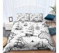 Set Copripiumino Matrimoniale 240x220 cm Barca a Vela Biancheria da Letto Navigazione con Bussola in Morbido Microfibra 3 Pezzi 1 Copripiumino e 2 Federe 50x80 cm con Cerniera T.2057