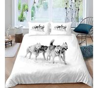 Set Copripiumino Matrimoniale 240x220 cm Husky Set di Biancheria da Letto in Microfibra Animali Carini 3D Copripiumini Bianco Grigio con Chiusura a Cerniera e 2 Federe 50x80 cm E-1501