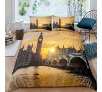 Set Copripiumino Matrimoniale 240x220 cm Londra, Inghilterra Copripiumino in Microfibra, Biancheria da Letto Paesaggio Urbano Moderno 3 Pezzi, 3D Copripiumini con Cerniera e 2 Federe 50x80 cm B-5129