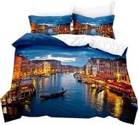 Set Copripiumino Matrimoniale 240x220 cm Paesaggio Notturno Set di Biancheria da Letto Luci Della Città Sull'acqua in Morbido Microfibra Stampa 3D Copripiumini con Cerniera e 2 Federe 50x80 cm c.946