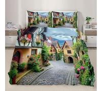 Set Copripiumino Matrimoniale 240x220 cm Scena di Strada in Una Piccola Città Biancheria da Letto Turismo Rurale in Morbida Microfibra 3D Copripiumino con Cerniera e 2 Federe 50x80 cm D.4085