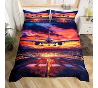 Set Copripiumino Matrimoniale 240x220 cm Tema del Volo Set di Biancheria da Letto in Microfibra Tramonto in Aereo 3D Copripiumini Arancione con Chiusura a Cerniera e 2 Federe 50x80 cm E-1694