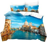 Set Copripiumino Matrimoniale 240x220 cm Venezia, Italia Set di Biancheria da Letto Vie e Barche Sull'acqua in Morbido Microfibra Stampa 3D Copripiumini con Chiusura a Cerniera e 2 Federe 50x80 cm t1