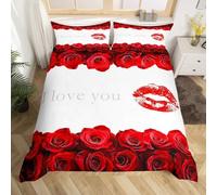 Set Copripiumino Matrimoniale 240x220 Labbra Rosse, Set di Biancheria da Letto Stampe di Rose in Morbida Microfibra Stampa 3D, Copripiumino con Cerniera e 2 Federe 50x80 cm E-2498