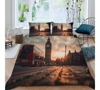 Set Copripiumino Matrimoniale 240x220 Londra Microfibra Morbido Traspirante 3D Copripiumino Architettura Cittadina Biancheria da Letto con 2 Federe 50x80cm z-2009
