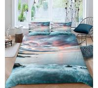 Set Copripiumino Matrimoniale 240x220 Paesaggi al Tramonto Microfibra Morbido Traspirante 3D Copripiumino Acqua Blu Biancheria da Letto con 2 Federe 50x80cm e-2183
