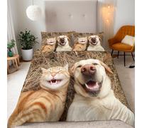 Set Copripiumino Matrimoniale 240x260 cm Gatto Carino Cane 3D Set di Biancheria da Letto Con Microfibra Comfort Morbida 3-Pezzi 2 Federe 50x75 con Cerniera e Fascette Angolari
