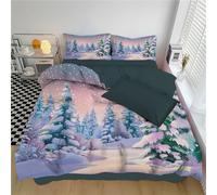 Set Copripiumino Matrimoniale 240x260cm, Copripiumino Reversibile Scena Neve Su Un Pino Cartoni Animati di Biancheria da Letto Paese Meraviglie Invernale Morbida Traspirante con 2 Federe, Viola