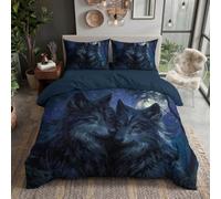Set Copripiumino Matrimoniale 260x220cm, Copripiumino Creature Oscure 3 Pezzi in Microfibra con Motivo a Acquerellato, Comprendente 1 Copripiuminos + 2 Federe, Lupo Grigio Della Foresta, Notte Di Luna