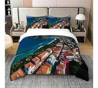 Set Copripiumino Matrimoniale 260x240 Città Costiera Microfibra Morbido Traspirante 3D Copripiumino Architettura Speciale Biancheria da Letto con 2 Federe 50x80cm g-2166