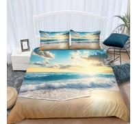 Set Copripiumino Matrimoniale 260x240 cm Spiaggia al tramonto Biancheria da Letto Onde Dell'oceano e Cielo Blu in Morbido Microfibra 3 Pezzi 1 Copripiumino e 2 Federe 50x80 cm con Cerniera J.1283