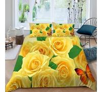 Set Copripiumino Matrimoniale 260x240 Farfalla, Set di Biancheria da Letto Rose Gialle in Morbida Microfibra Stampa 3D, Copripiumino con Cerniera e 2 Federe 50x80 cm E-1596