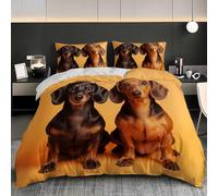 Set Copripiumino Matrimoniale 3 Pezzi 200x200 cm Giallo Copripiumone in Microfibra Morbida con Chiusura Lampo, Bassotto Marrone Animale Traspirante Biancheria da Letto per Adulti e Bambini