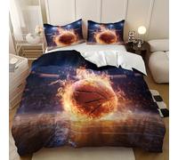 Set Copripiumino Matrimoniale 3 Pezzi 240x220 cm Sport Fiamme Pallacanestro Copripiumone in Microfibra Morbida con Chiusura Lampo, Rosso Traspirante Biancheria da Letto per Adulti e Bambini