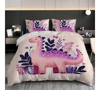 Set Copripiumino Matrimoniale 3 Pezzi 250x200 cm Tema Carino Sui Dinosauri Copripiumone in Microfibra Morbida con Chiusura Lampo, Rosa Viola Traspirante Biancheria da Letto per Adulti e Bambini