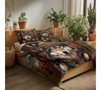 Set Copripiumino Matrimoniale Acchiappasogni Lupo, Copripiumino 3 Pezzi in Microfibra, Comprendente 1 Biancheria da Letto200 x 200 cm + 2 Federe 50x80, per Camera da Letto bambini, Cachi