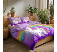 Set Copripiumino Matrimoniale Animato Unicorno Arcobaleno, Copripiumino 3 Pezzi in Microfibra, Comprendente 1 Biancheria da Letto200 x 200 cm + 2 Federe, per Camera da Letto bambini, Lavanda Viola