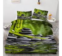 Set Copripiumino Matrimoniale Bambù Verde e Ciottoli, Biancheria da Letto in Morbida Microfibra 3D Copri piumino 230x220 con Cerniera e 2 Federe 50x80 cm A-7677