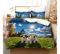 Set Copripiumino Matrimoniale Cane Carino Biancheria da letto Cielo Azzurro Ed Erba in Morbida Microfibra 3D Parure Copripiumino 240x220 cm con Cerniera e 2 Federe 50x80 cm E.1913