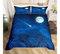 Set Copripiumino Matrimoniale Cielo Stellato Blu, Biancheria da Letto Luna e Stelle in Morbida Microfibra 3D Copri piumino 230x220 con Cerniera e 2 Federe 50x80 cm A-4107