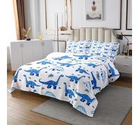 Set copripiumino matrimoniale con dinosauri in stile cartone animato, con drago antico, copriletto alla moda per bambini, ragazze e ragazzi, copriletto naturale con foglie botaniche, con 2 federe, blu
