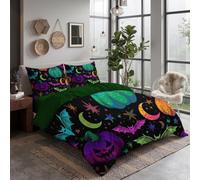 Set Copripiumino Matrimoniale Cyber Neon Pop in Microfibra, 3 Pezzi | Sacco Piumino Pipistrelli E Zucche, Extra Morbido, Reversibile, Non Necessita Stiratura, con Cerniera e 2 Federe, Verde Neon