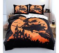 Set Copripiumino Matrimoniale di Halloween, Set di Biancheria da Letto In Stile Fiabesco Nero e Arancione con Federe, Copripiumino con Tema Castello di Streghe e Pipistrelli, Decorazioni per Le Feste