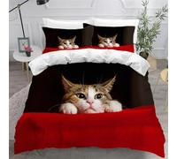 Set Copripiumino Matrimoniale Gatto Carino, Biancheria da Letto Rosso Nero in Morbida Microfibra 3D Copri piumino 240x220 con Cerniera e 2 Federe 50x80 cm B-3800