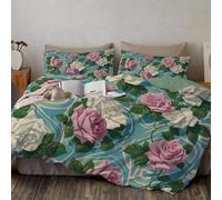 Set Copripiumino Matrimoniale in Microfibra 200x200cm, Stampa Rose Bianche Retrò Ed Elegante, Include 1 Copripiumino e 2 Federe 50x80 cm, Chiusura a Cerniera, Rosa