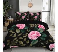 Set Copripiumino Matrimoniale In Microfibra Spazzolata, Extra Morbido Con Rosa Elegante, 3 Pezzi, Copripiumino Da 220 X 230 Cm E 2 Federe Da 50 X 80 Cm, Nero Piante Retrò