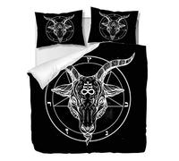 Set copripiumino matrimoniale, motivo demone Bafometto con testa di capra satanica e pentacolo, simbolo binario, retrò, decorativo, 3 pezzi, con 2 federe (Multi 18, matrimoniale)
