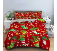set Copripiumino Matrimoniale Natalizio Rosso e Verde, set di Biancheria da Letto Natalizia con Stampa di Fiocchi di Neve e Calza Della Befana Dei Cartoni Animati per La Camera da Letto Dei Bambini,