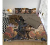 Set Copripiumino Matrimoniale Paesaggio Autunnale Copri Piumone Vecchia Casa Sull'Albero Di Quercia Biancheria da letto reversibile Morbido Resistente e Lavabile con 2 Federe, 240x220cm, Marrone